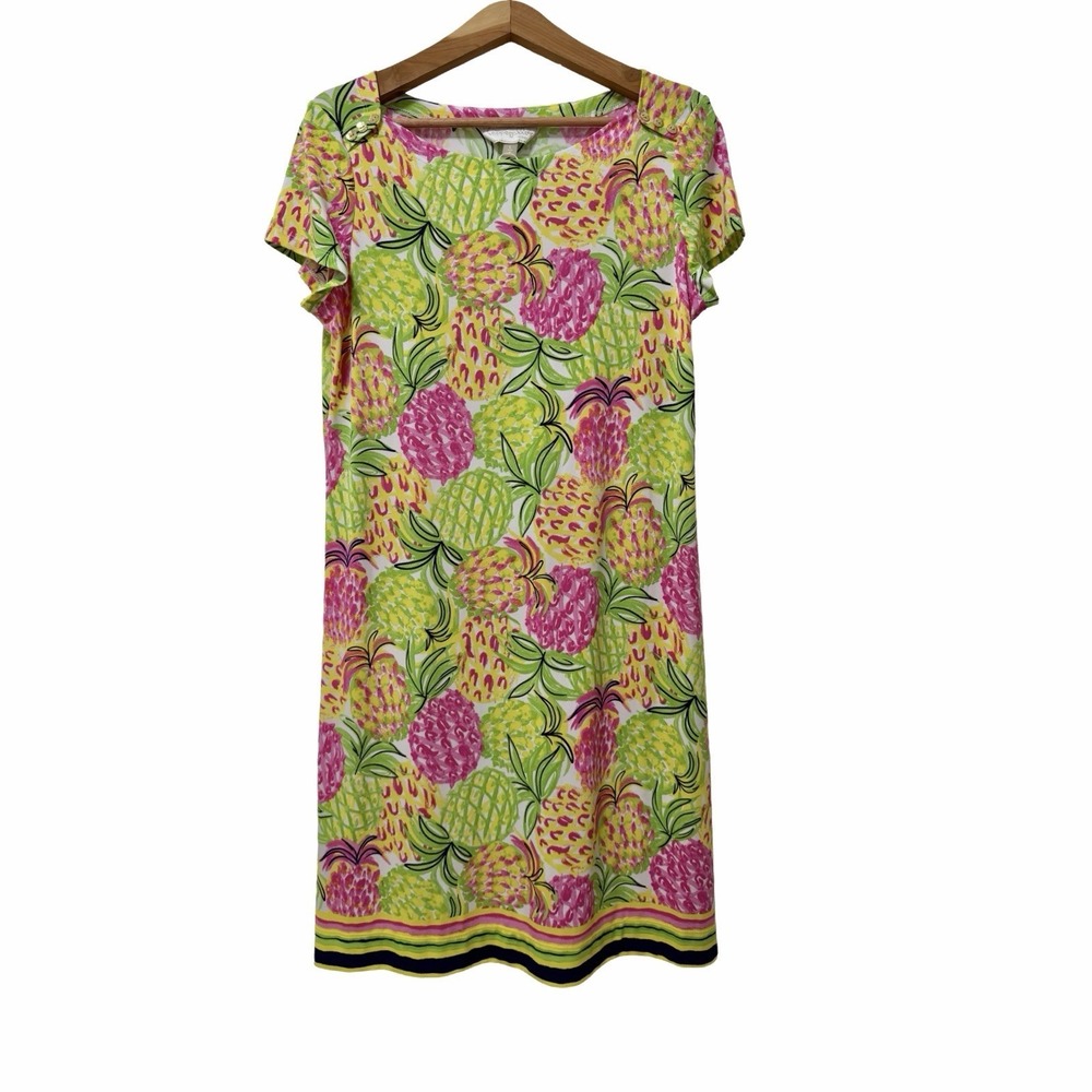 Pappagallo Womens Pineapple Print Shift Mini Dress Size L Green Tropical Stretch